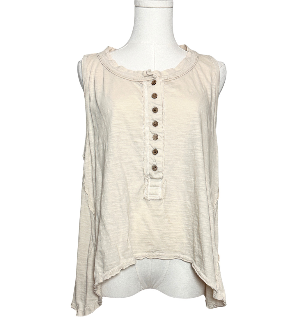 We The Free Cotton Josie Henley Tank Flowy Boho Beige Raw Edges Tank Top Small
